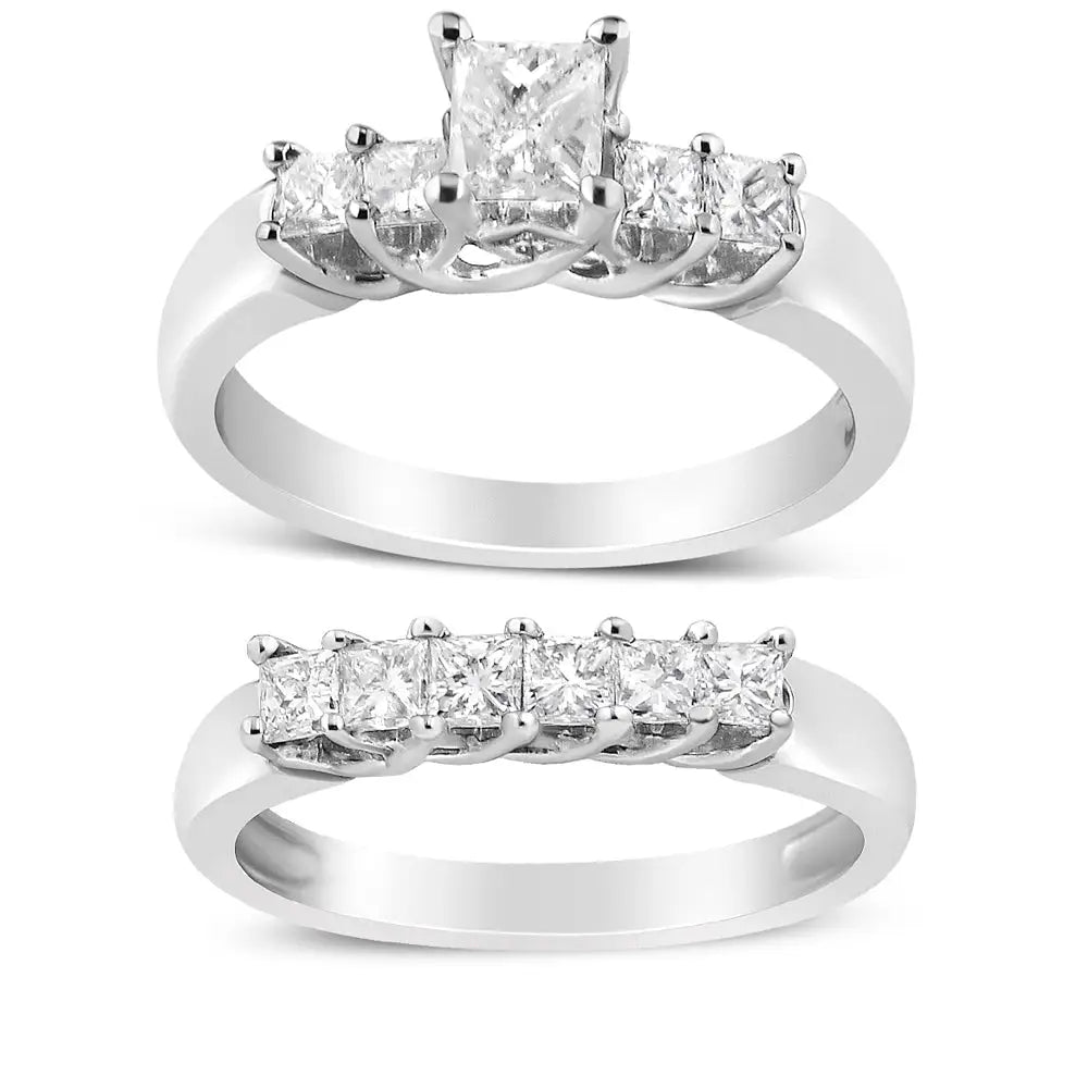 14k White Gold 1 1/2 Cttw 5 Stone Princess Diamond Engagement Wedding Ring Set (h-i Color Si2-i1 Clarity) - Fine