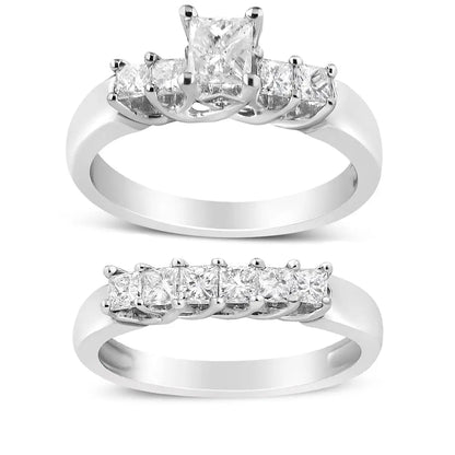 14k White Gold 1 1/2 Cttw 5 Stone Princess Diamond Engagement Wedding Ring Set (h-i Color Si2-i1 Clarity) - Fine