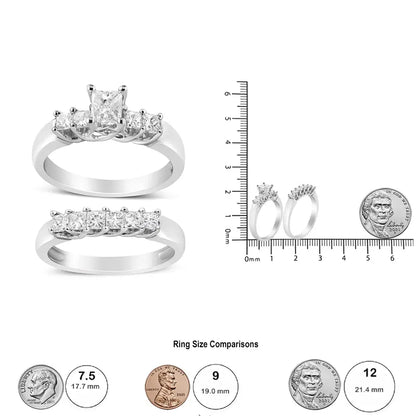 14k White Gold 1 1/2 Cttw 5 Stone Princess Diamond Engagement Wedding Ring Set (h-i Color Si2-i1 Clarity) - Fine