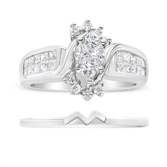 14k White Gold 1 1/2 Cttw Composite Diamond Marquise Shape Solitaire Engagement Ring Set for Women (h-i Color Si1-si2