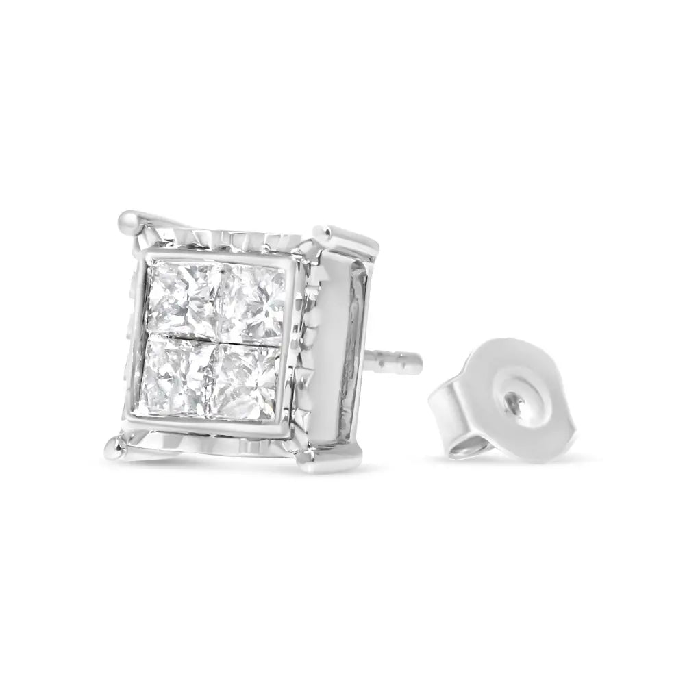 14k White Gold 1 1/2 Cttw Invisible Set Princess-cut Diamond Contemporary Wavy Quad Stud Earrings (i-j Color I1-i2