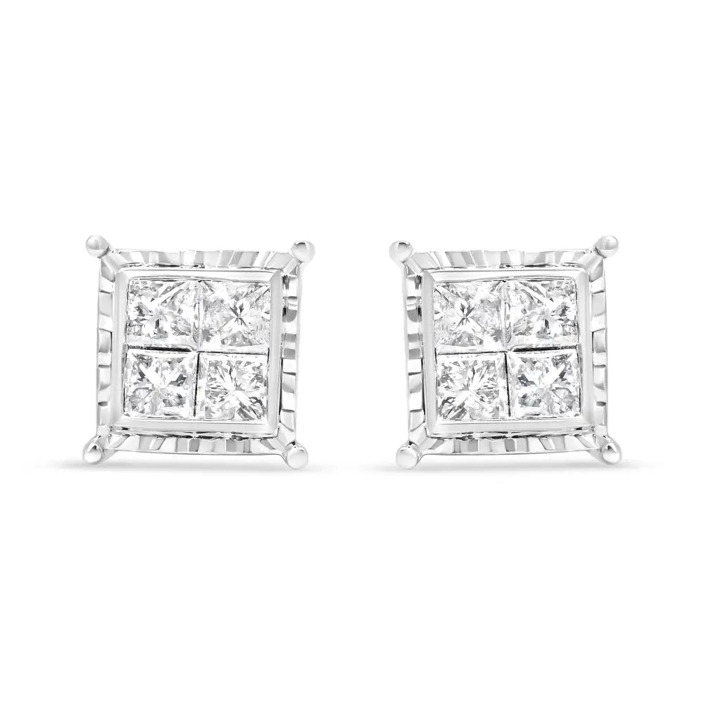 14k White Gold 1 1/2 Cttw Invisible Set Princess-cut Diamond Contemporary Wavy Quad Stud Earrings (i-j Color I1-i2