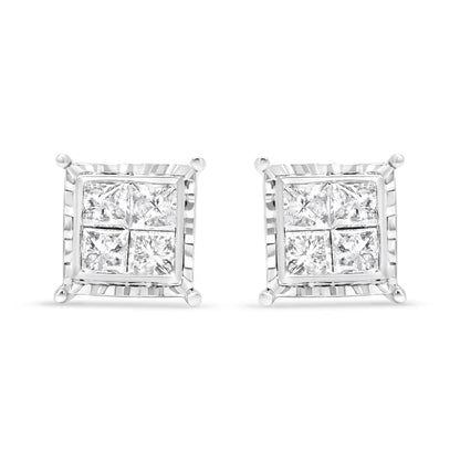 14k White Gold 1 1/2 Cttw Invisible Set Princess-cut Diamond Contemporary Wavy Quad Stud Earrings (i-j Color I1-i2