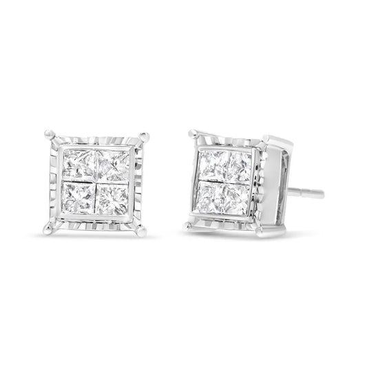 14k White Gold 1 1/2 Cttw Invisible Set Princess-cut Diamond Contemporary Wavy Quad Stud Earrings (i-j Color I1-i2