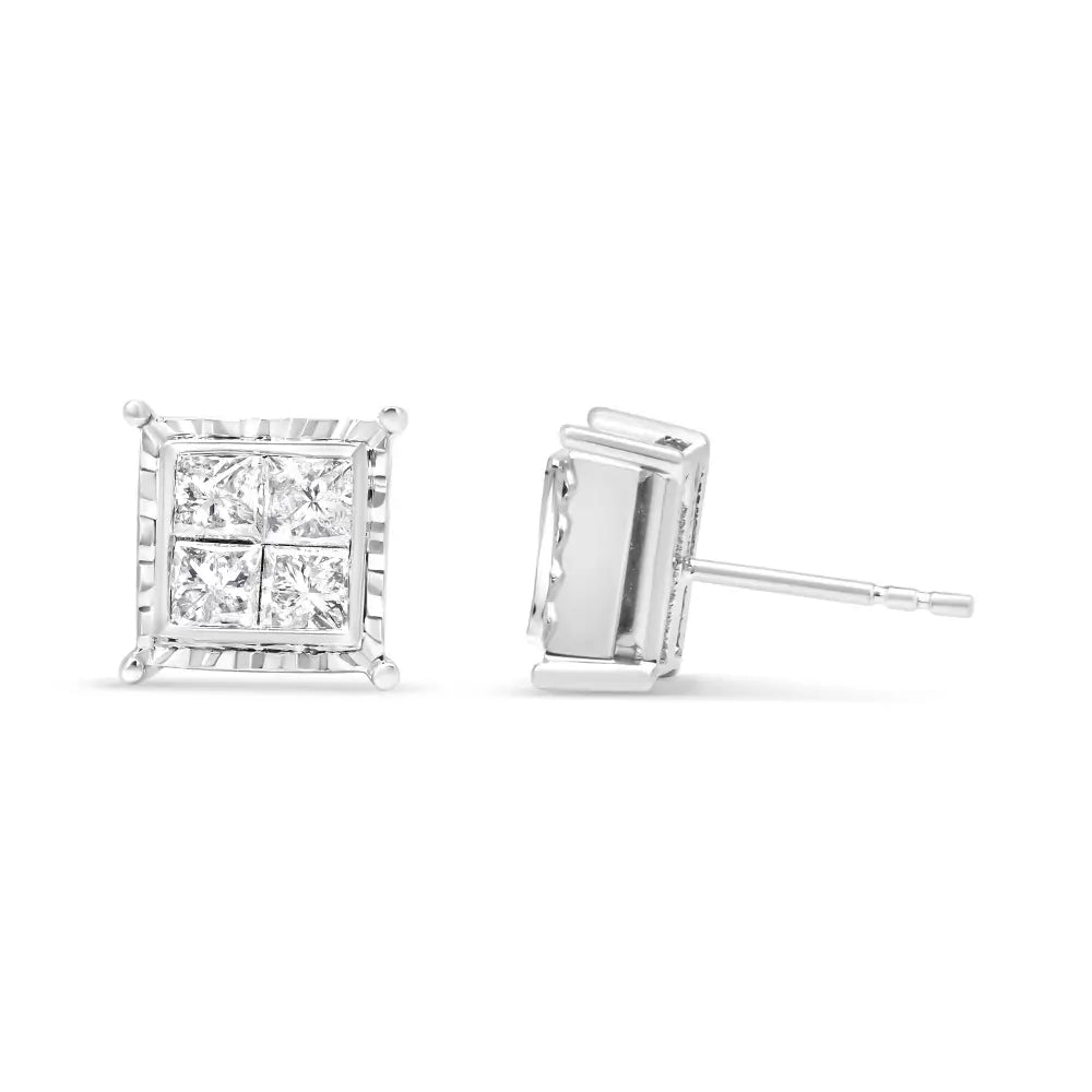 14k White Gold 1 1/2 Cttw Invisible Set Princess-cut Diamond Contemporary Wavy Quad Stud Earrings (i-j Color I1-i2