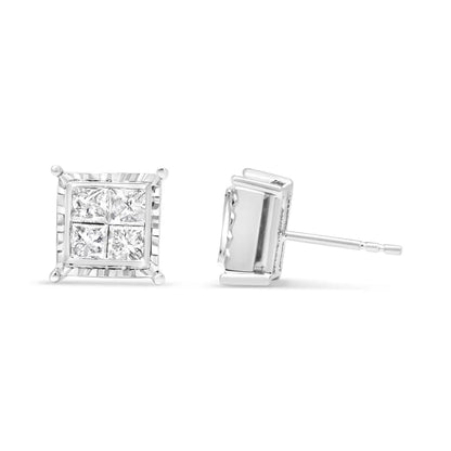 14k White Gold 1 1/2 Cttw Invisible Set Princess-cut Diamond Contemporary Wavy Quad Stud Earrings (i-j Color I1-i2