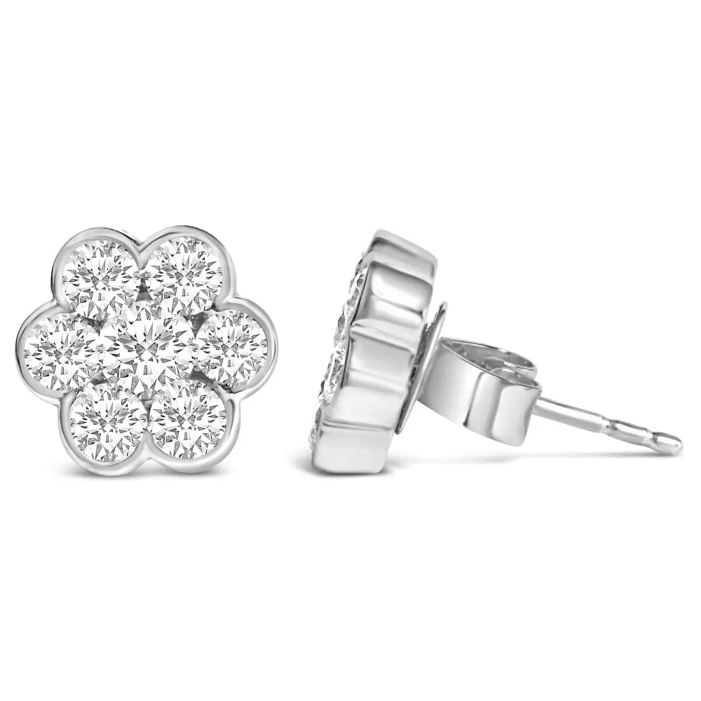 14k White Gold 1 1/3 Cttw Diamond Bezel Style 7 Stone Floral Cluster Stud Earrings (h-i Color Vs2-si1 Clarity) - Fine