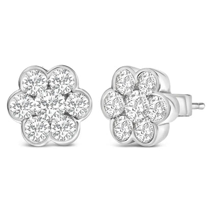 14k White Gold 1 1/3 Cttw Diamond Bezel Style 7 Stone Floral Cluster Stud Earrings (h-i Color Vs2-si1 Clarity) - Fine