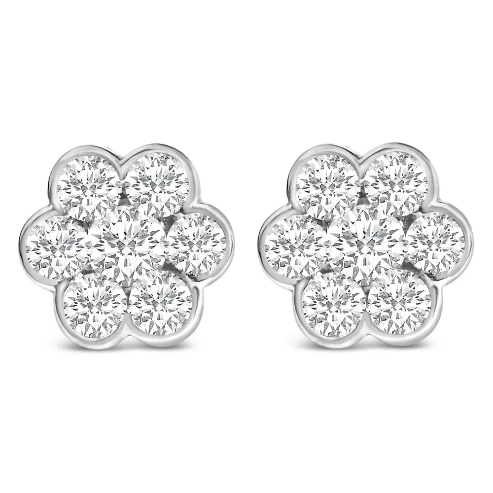 14k White Gold 1 1/3 Cttw Diamond Bezel Style 7 Stone Floral Cluster Stud Earrings (h-i Color Vs2-si1 Clarity) - Fine