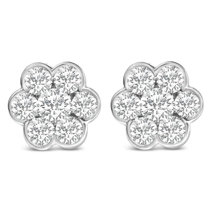 14k White Gold 1 1/3 Cttw Diamond Bezel Style 7 Stone Floral Cluster Stud Earrings (h-i Color Vs2-si1 Clarity) - Fine