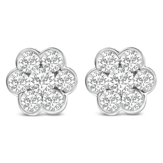 14k White Gold 1 1/3 Cttw Diamond Bezel Style 7 Stone Floral Cluster Stud Earrings (h-i Color Vs2-si1 Clarity) - Fine