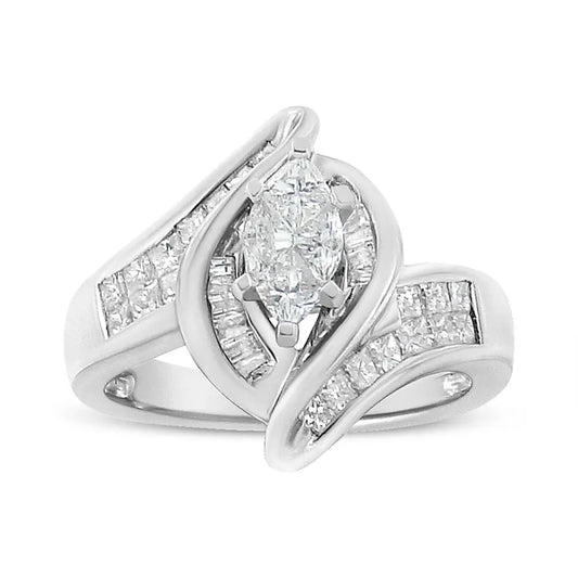 14k White Gold 1 1/4 Cttw Pie Baguette and Princess Cut Diamond Marquise Shape Engagement Cocktail Ring (h-i Color