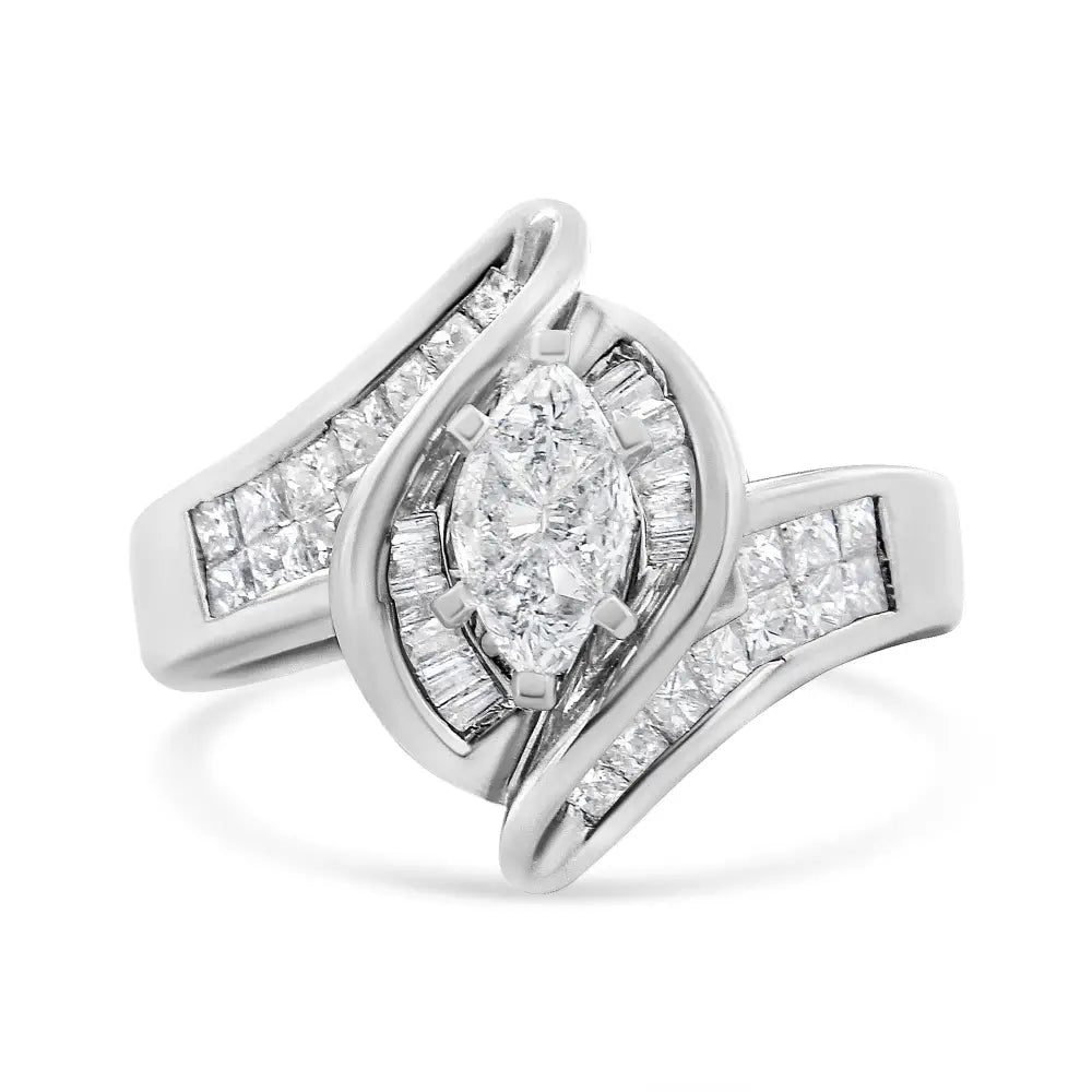 14k White Gold 1 1/4 Cttw Pie Baguette and Princess Cut Diamond Marquise Shape Engagement Cocktail Ring (h-i Color