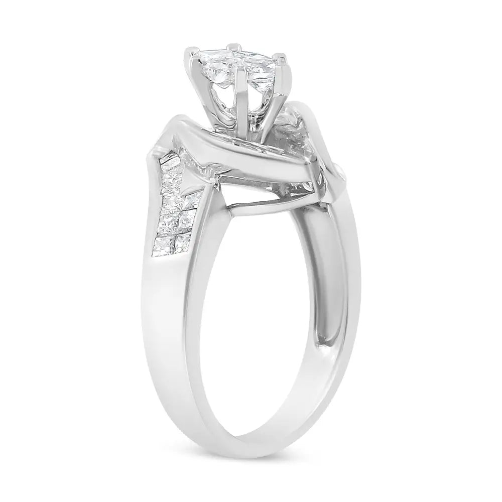 14k White Gold 1 1/4 Cttw Pie Baguette and Princess Cut Diamond Marquise Shape Engagement Cocktail Ring (h-i Color