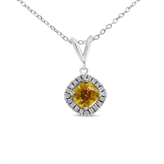 14k White Gold 1 1/5 Cttw Yellow Radiant Lab Grown Diamond Floating Halo Rhombus Shaped 18’’ Pendant Necklace