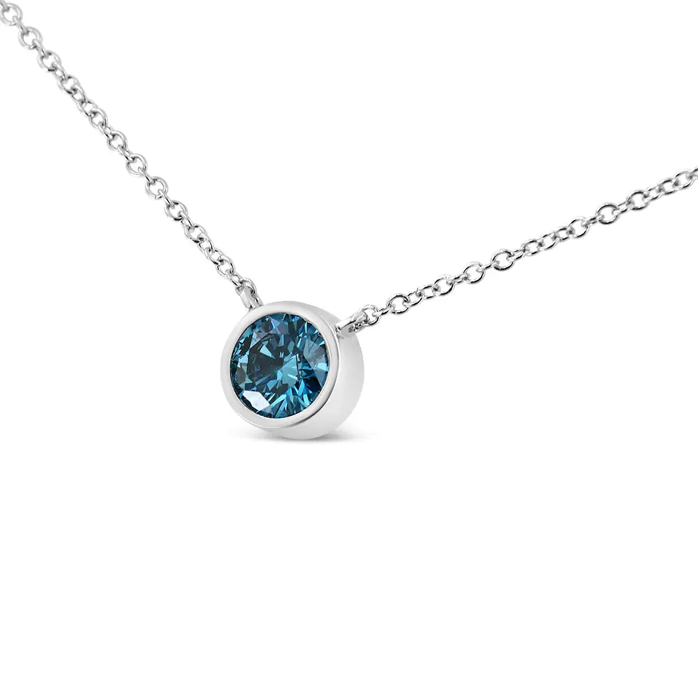 14k White Gold 1/2 Cttw Blue Lab Grown Diamond Modern Bezel-set Solitaire 16’’-18’’ Pendant Necklace (blue