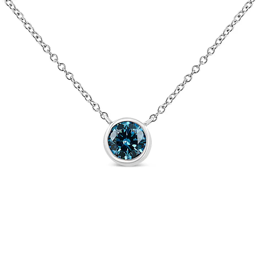 14k White Gold 1/2 Cttw Blue Lab Grown Diamond Modern Bezel-set Solitaire 16’’-18’’ Pendant Necklace (blue