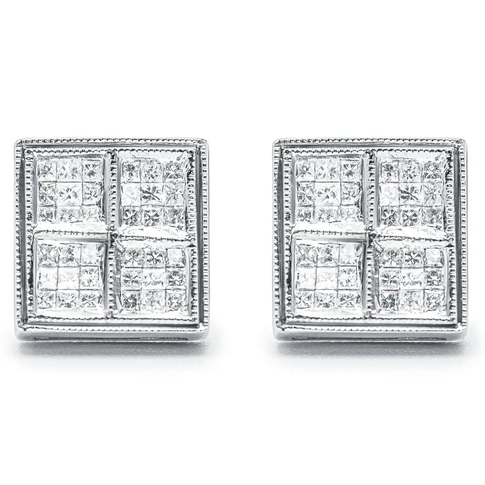 14k White Gold 1/2 Cttw Princess Diamond Composite Box Shape Milgrain Stud Earrings (h-i Color Si1-si2 Clarity) - Fine