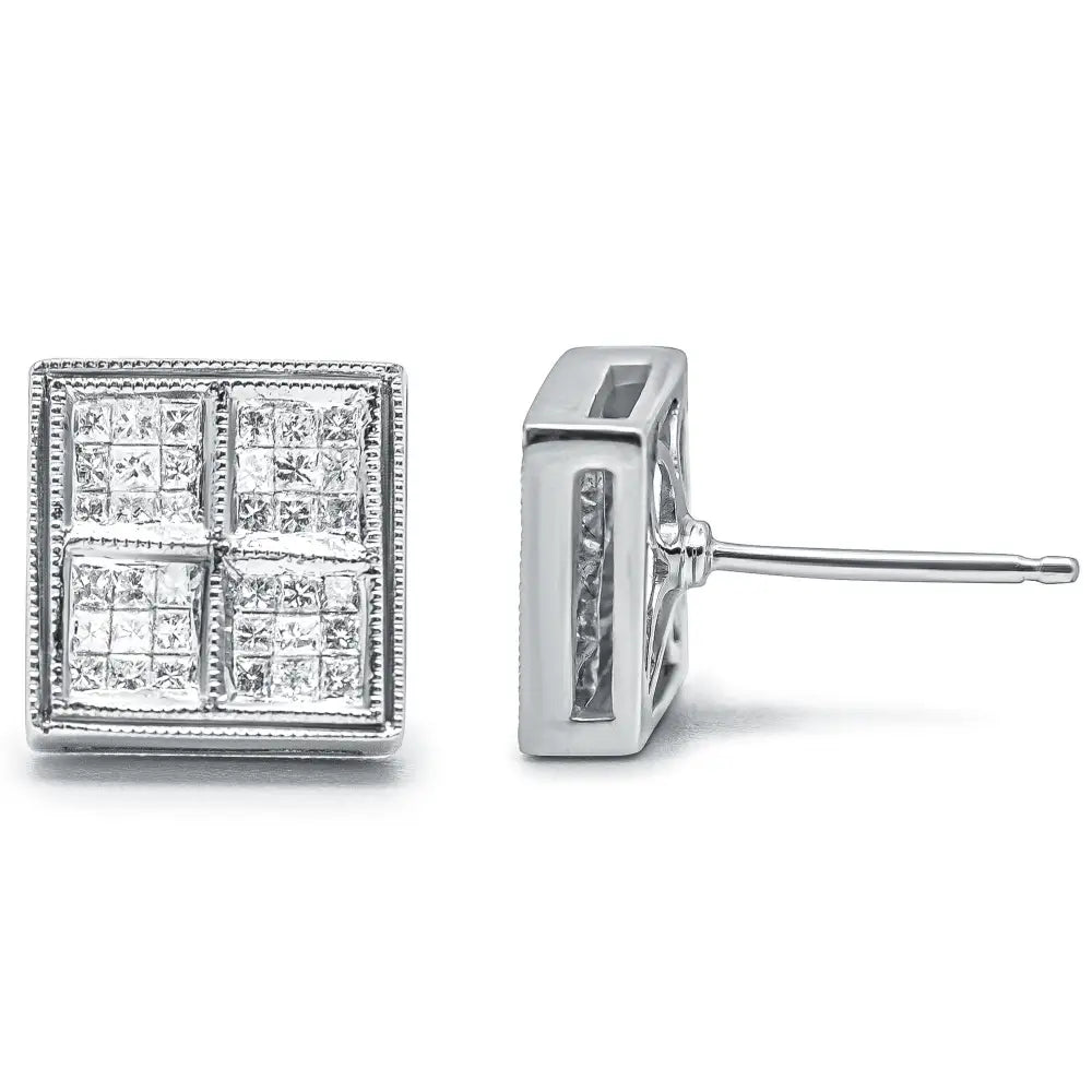 14k White Gold 1/2 Cttw Princess Diamond Composite Box Shape Milgrain Stud Earrings (h-i Color Si1-si2 Clarity) - Fine