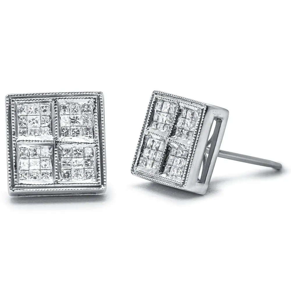 14k White Gold 1/2 Cttw Princess Diamond Composite Box Shape Milgrain Stud Earrings (h-i Color Si1-si2 Clarity) - Fine