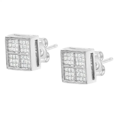 14k White Gold 1/2 Cttw Princess Diamond Composite Box Shape Milgrain Stud Earrings (h-i Color Si1-si2 Clarity) - Fine