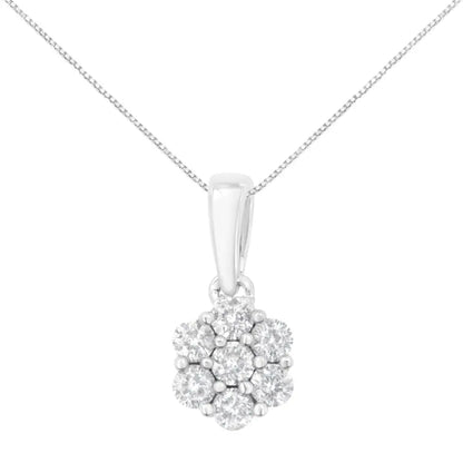 14k White Gold 1/2 Cttw Prong Set Round-cut Diamond 7 Stone Floral Cluster 18’’ Pendant Necklace (h-i Color I1-i2