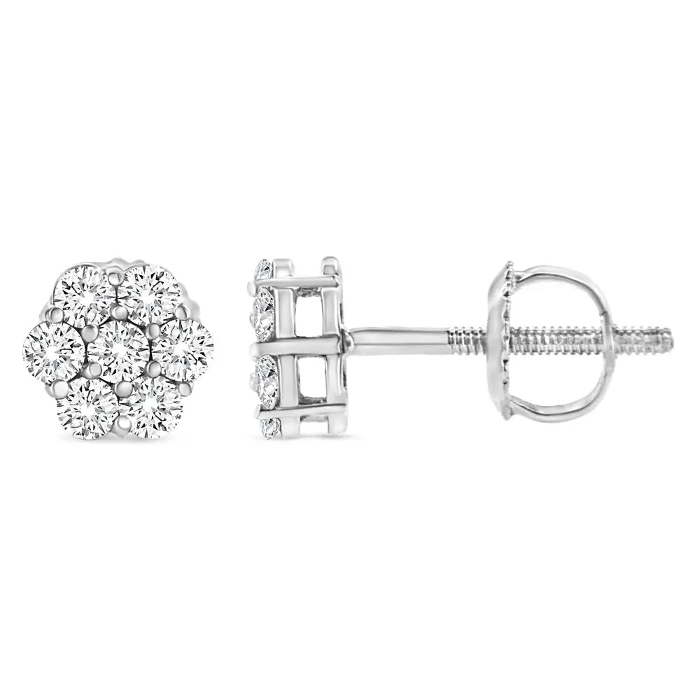 14k White Gold 1/3 Cttw Floral Cluster Diamond Stud Earrings with Screw Backs (i-j Color Si2-i1 Clarity) - Fine Jewelry