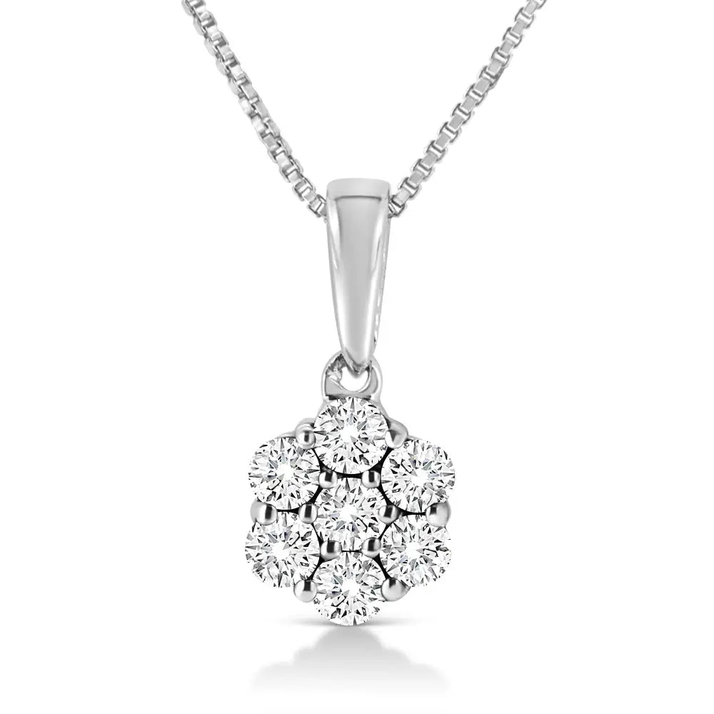 14k White Gold 1/4 Cttw Lab Grown Round Diamond Floral Cluster Pendant 18’’ Necklace (f-g Color Si1-si2 Clarity)