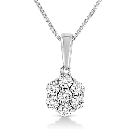 14k White Gold 1/4 Cttw Lab Grown Round Diamond Floral Cluster Pendant 18’’ Necklace (f-g Color Si1-si2 Clarity)