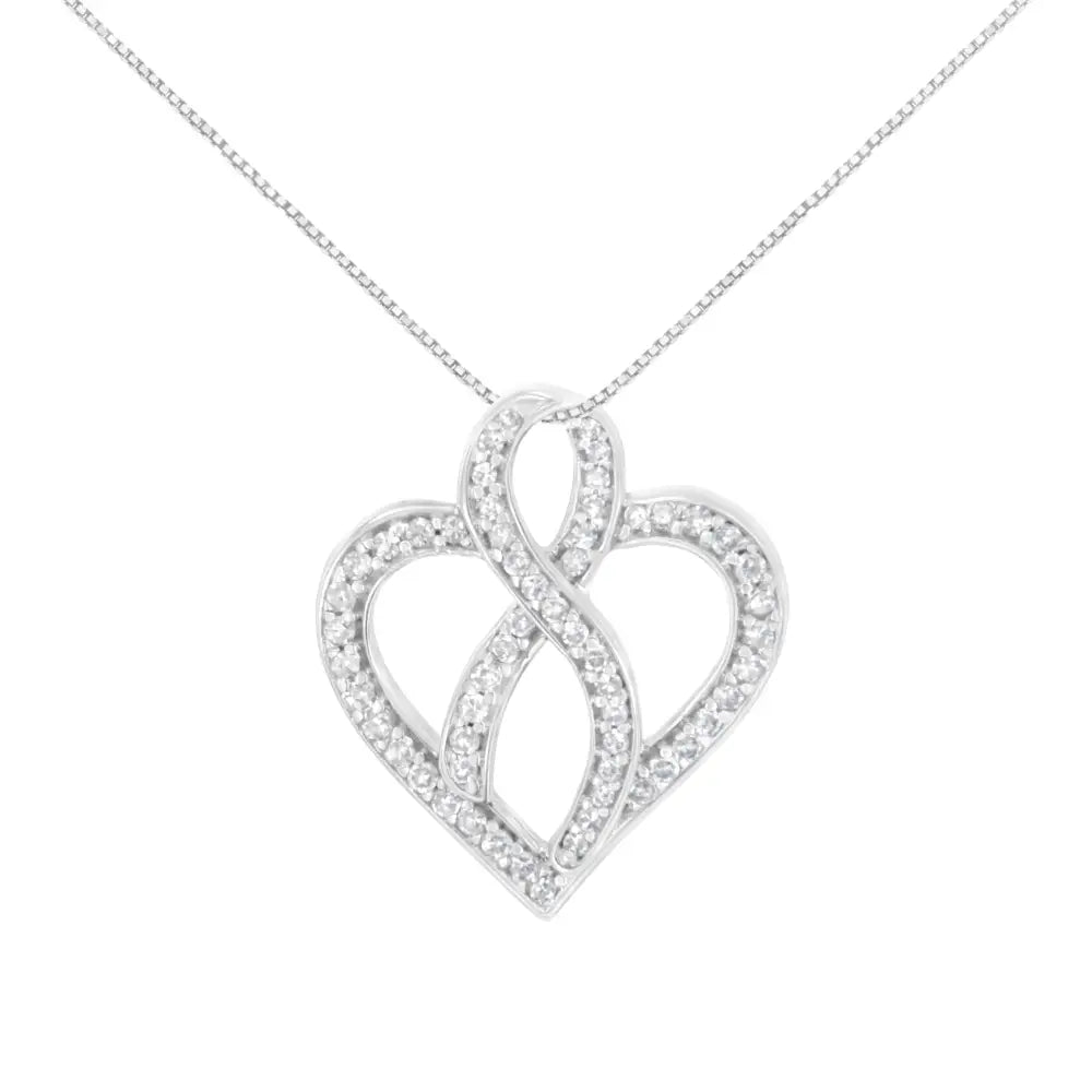 14k White Gold 1/4 Cttw Round Cut Diamond Heart and Ribbon Center Pendant Necklace (h-i I1-i2) - Fine Jewelry us Direct