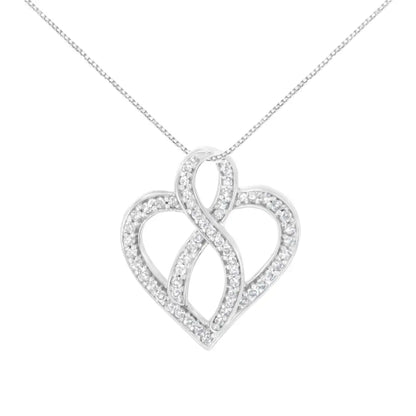 14k White Gold 1/4 Cttw Round Cut Diamond Heart and Ribbon Center Pendant Necklace (h-i I1-i2) - Fine Jewelry us Direct