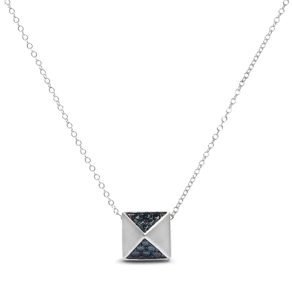 14k White Gold 1/4 Cttw Treated Blue Diamond Matte Finished Pyramid Pendant Necklace (blue Color Si1-si2 Clarity)