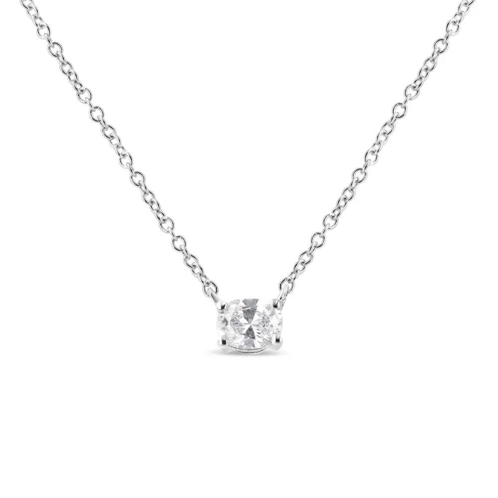 14k White Gold 1/5 Cttw Oval Shape Solitaire Diamond East West 18’’ Pendant Necklace (g-h Color Vs2-si1clarity)