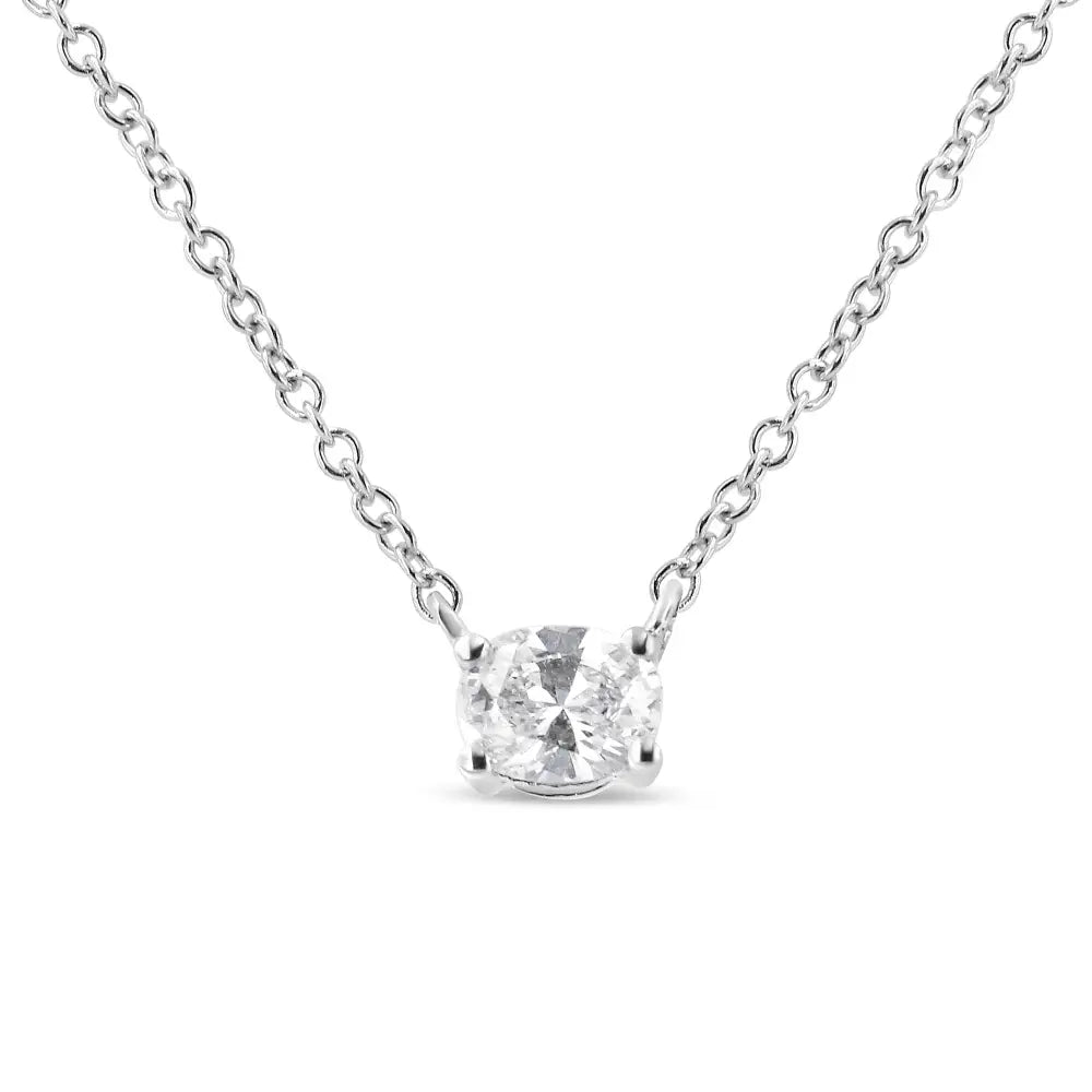 14k White Gold 1/5 Cttw Oval Shape Solitaire Diamond East West 18’’ Pendant Necklace (g-h Color Vs2-si1clarity)