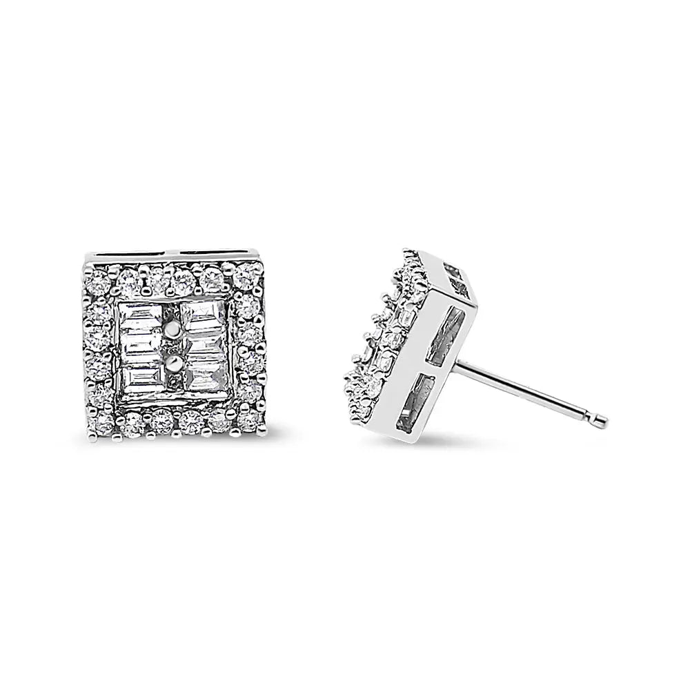 14k White Gold 1 Cttw Round and Baguette Diamond Stud Earrings (h-i Si1-si2) - Fine Jewelry us Direct