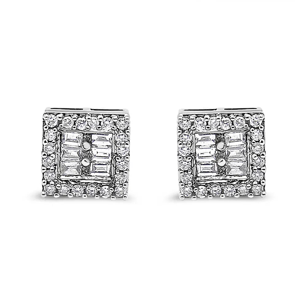 14k White Gold 1 Cttw Round and Baguette Diamond Stud Earrings (h-i Si1-si2) - Fine Jewelry us Direct