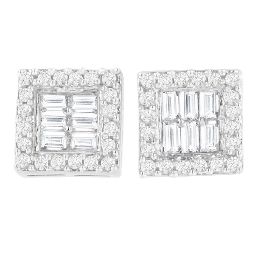 14k White Gold 1 Cttw Round and Baguette Diamond Stud Earrings (h-i Si1-si2) - Fine Jewelry us Direct