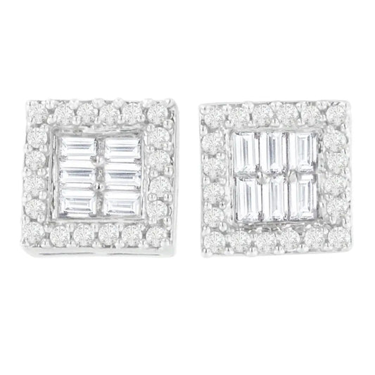 14k White Gold 1 Cttw Round and Baguette Diamond Stud Earrings (h-i Si1-si2) - Fine Jewelry us Direct