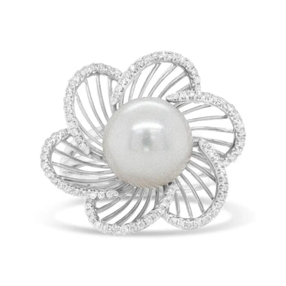 14k White Gold 11mm Round Pearl and 1/3 Cttw Diamond Openwork Flower Blossom Ring (h-i Color Vs1-vs2 Clarity) - Fine