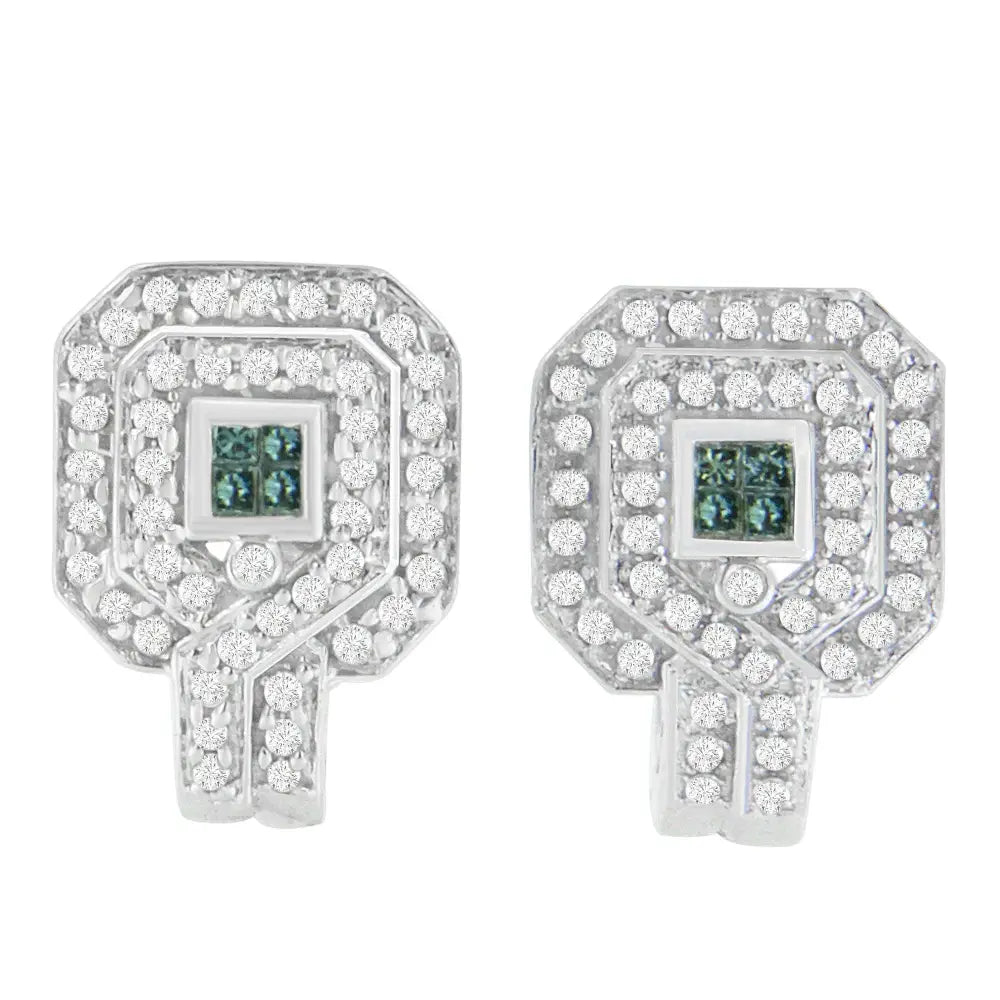 14k White Gold 1ct. Tdw Round and Princess-cut Treated Blue Diamond Earrings (h-i,si1-si2) - Fine Jewelry us Direct