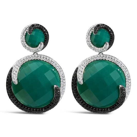 14k White Gold 2.0 Cttw and Black Diamond Green Agate Double Medallion Disc Drop Dangle Earrings (h-i Color I2-i3