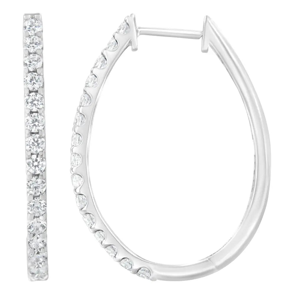 14k White Gold 2.0 Cttw Round Brilliant Cut Diamond Oblong Hinged Leverback Hoop Earrings (i-j Color I1-i2 Clarity)