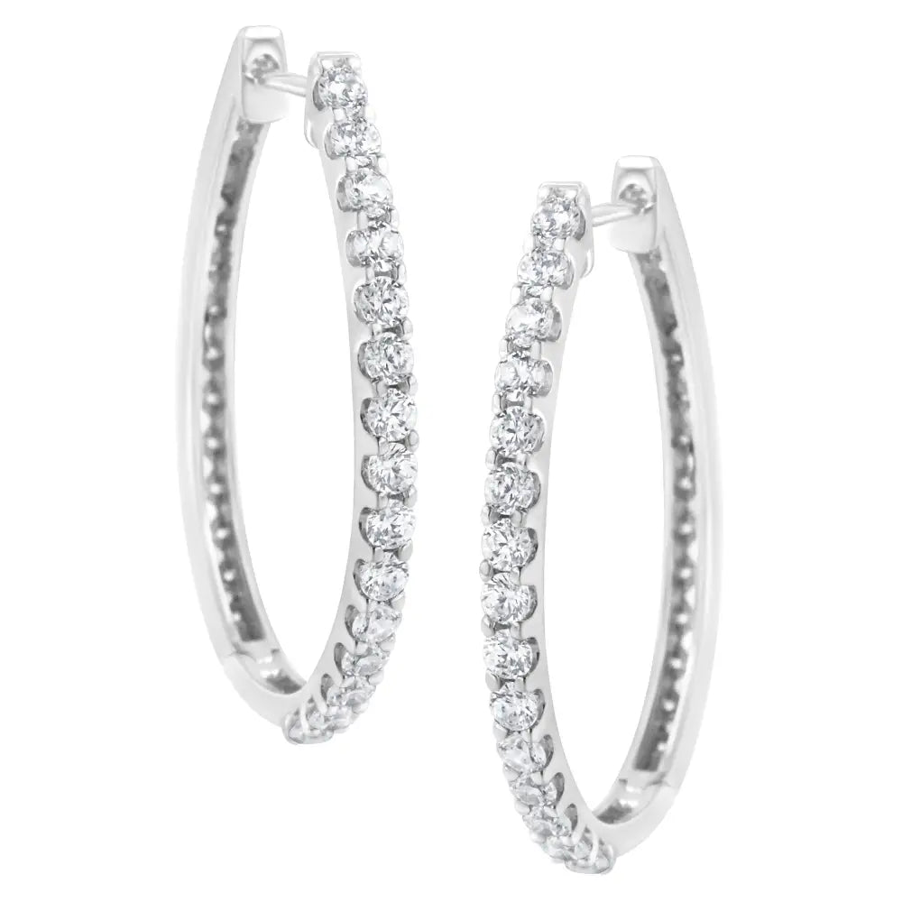 14k White Gold 2.0 Cttw Round Brilliant Cut Diamond Oblong Hinged Leverback Hoop Earrings (i-j Color I1-i2 Clarity)