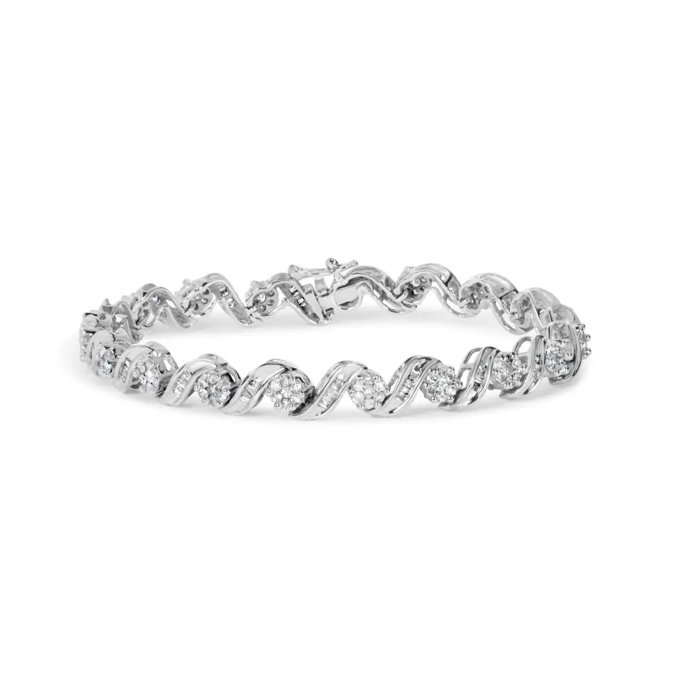 14k White Gold 2.00 Cttw Diamond Cluster and Spiral Link Bracelet (i-j Color I1-i2 Clarity) - 7’’ - Fine Jewelry