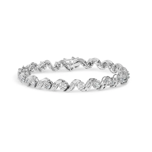 14k White Gold 2.00 Cttw Diamond Cluster and Spiral Link Bracelet (i-j Color I1-i2 Clarity) - 7’’ - Fine Jewelry