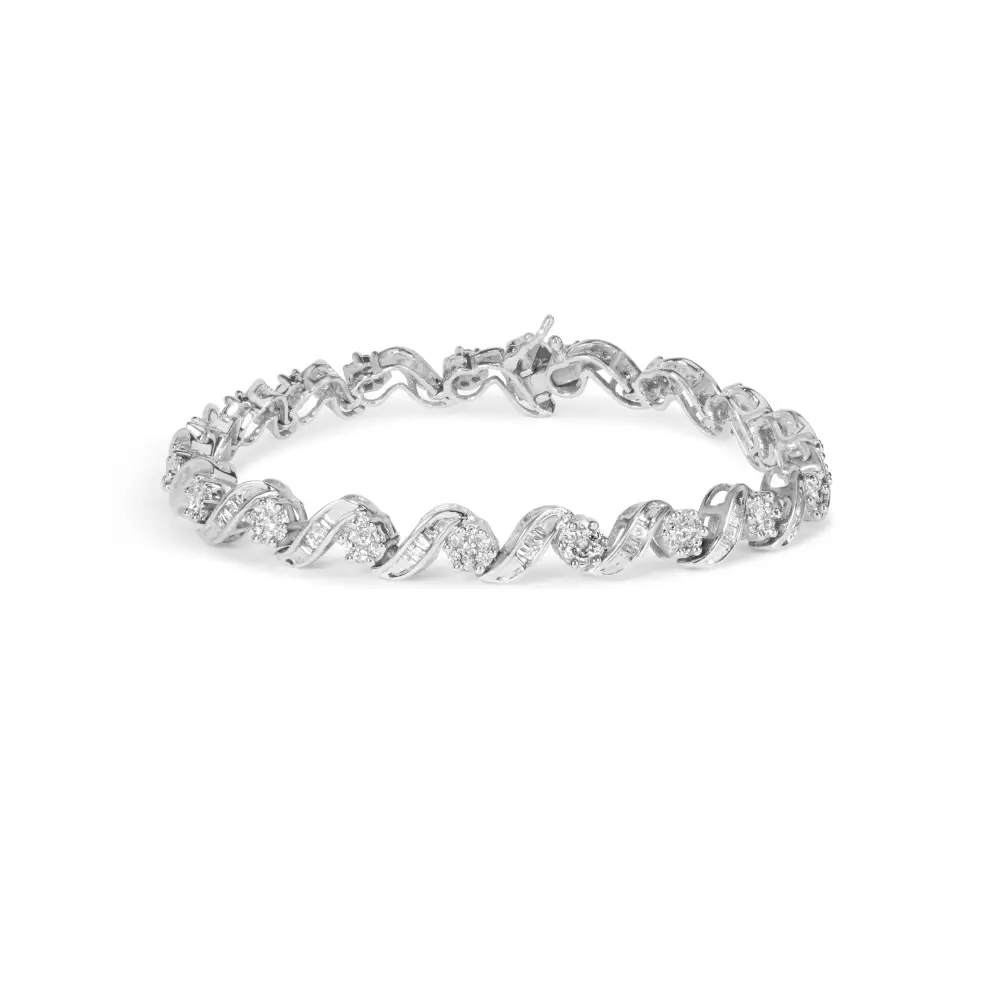 14k White Gold 2.00 Cttw Diamond Cluster and Spiral Link Bracelet (i-j Color I1-i2 Clarity) - 7’’ - Fine Jewelry