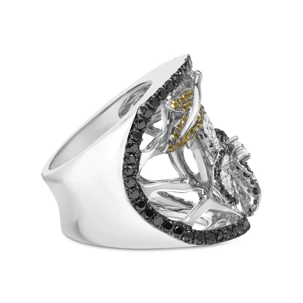 14k White Gold 2 3/5 Cttw Black and Diamond Yellow Sapphire Floral Cocktail Ring Band (h-i Color Si1-si2 Clarity)