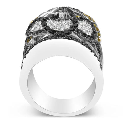 14k White Gold 2 3/5 Cttw Black and Diamond Yellow Sapphire Floral Cocktail Ring Band (h-i Color Si1-si2 Clarity)