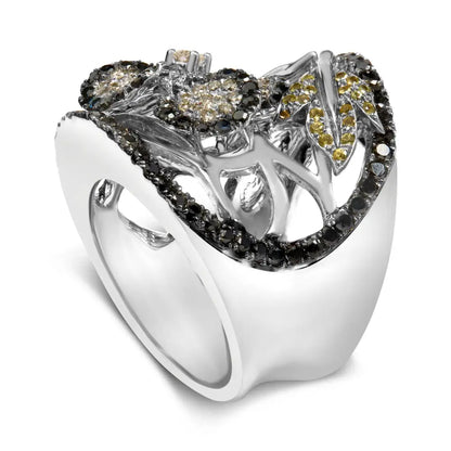 14k White Gold 2 3/5 Cttw Black and Diamond Yellow Sapphire Floral Cocktail Ring Band (h-i Color Si1-si2 Clarity)