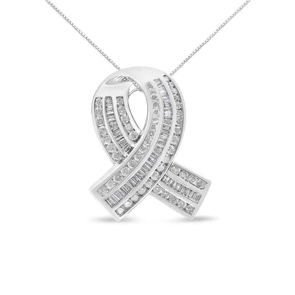 14k White Gold 2 5/8 Cttw Channel Set Round and Baguette Diamond Awareness Ribbon Pendant (h-i Color I1-i2 Clarity)